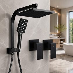 Shower Head Set 8 Inch Rain Fixed Handheld Twin Tap 3-Spray Matte Black Square