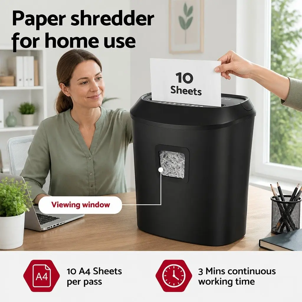 Electric Paper Shredder Black 10 A4 Sheet Cross-Cut with 21L Capacity Bin and Reverse Function