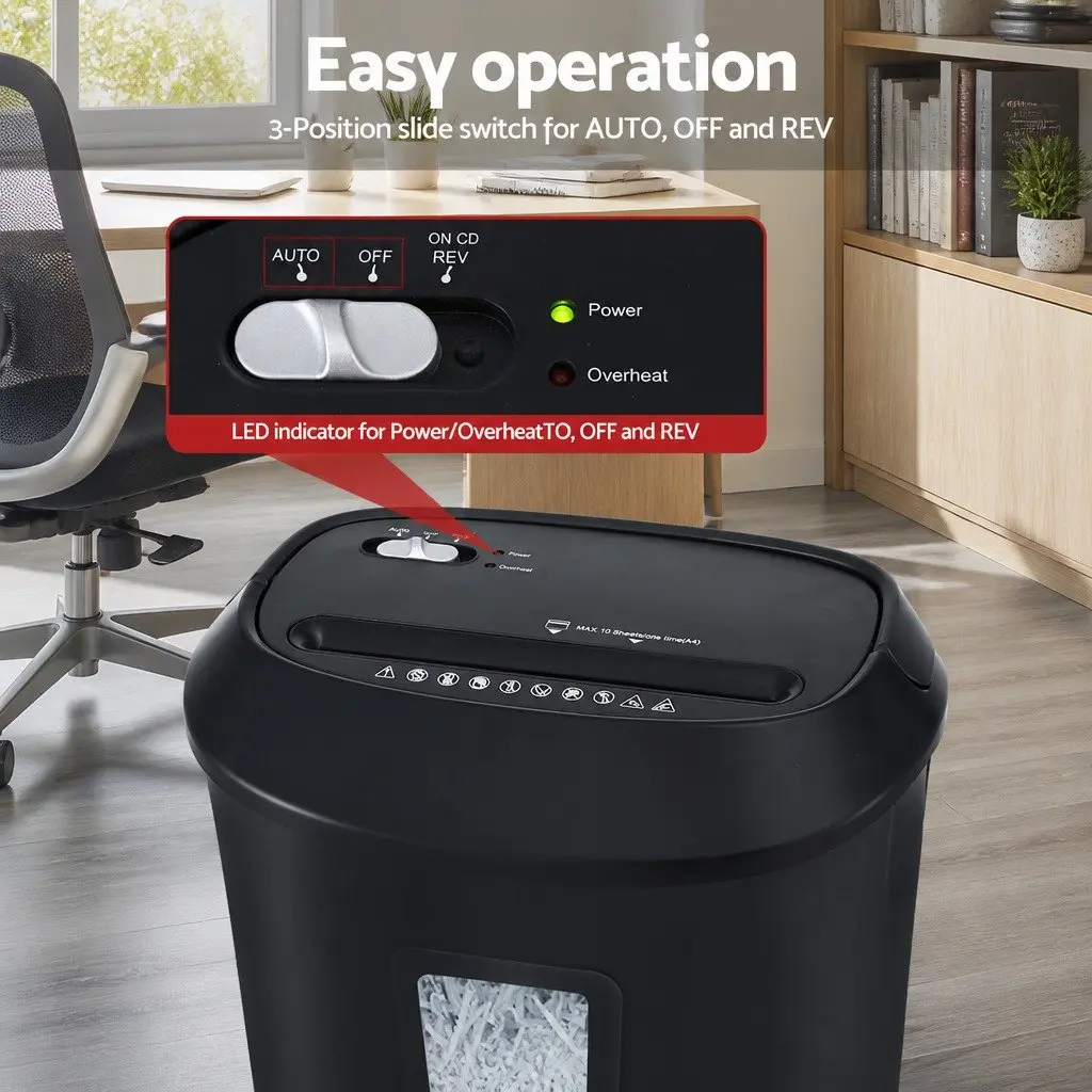 Electric Paper Shredder Black 10 A4 Sheet Cross-Cut with 21L Capacity Bin and Reverse Function