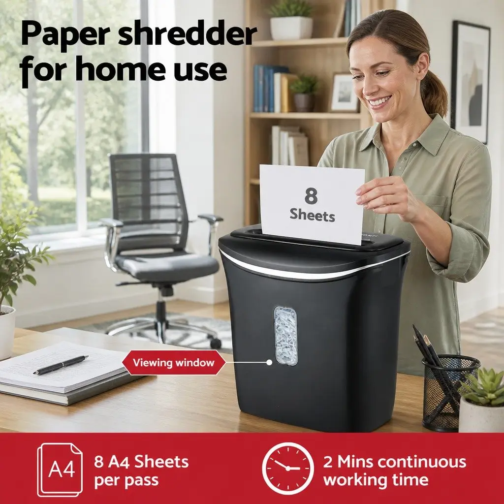 Cross-Cut Paper Shredder Black 12L Bin 8-Sheet Home Office Credit Card Shredder