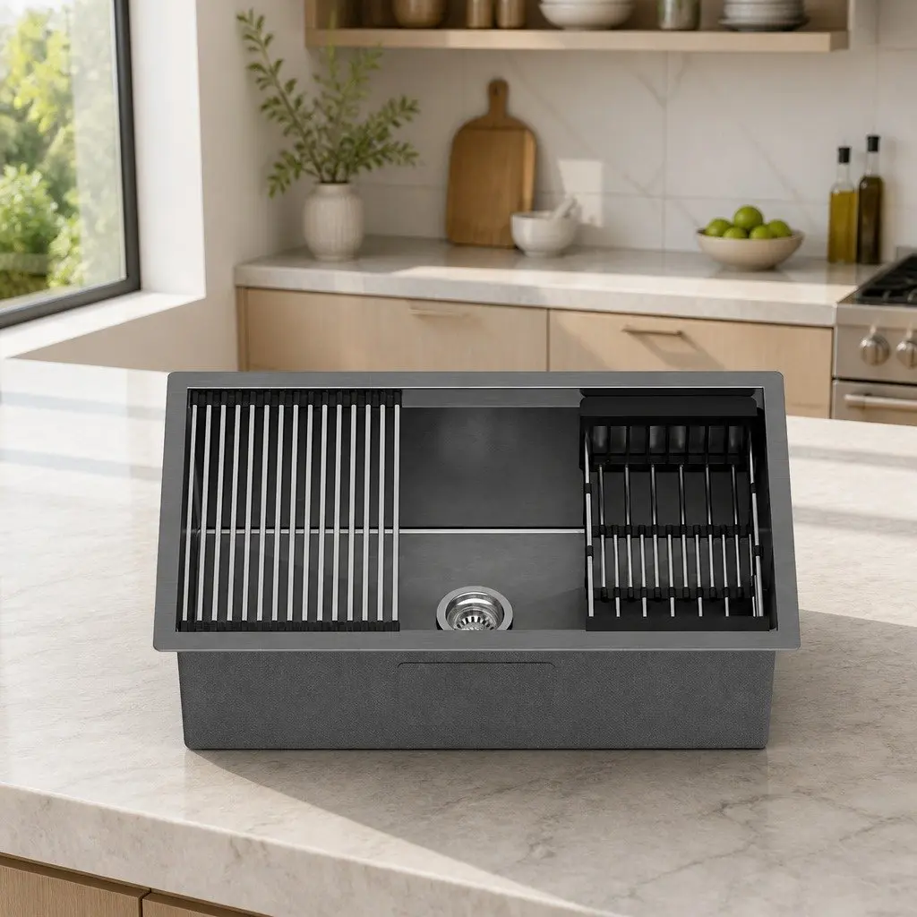 Stainless Steel Kitchen Sink Black 70x45cm Single Bowl Integrated Drain Rack Basket
