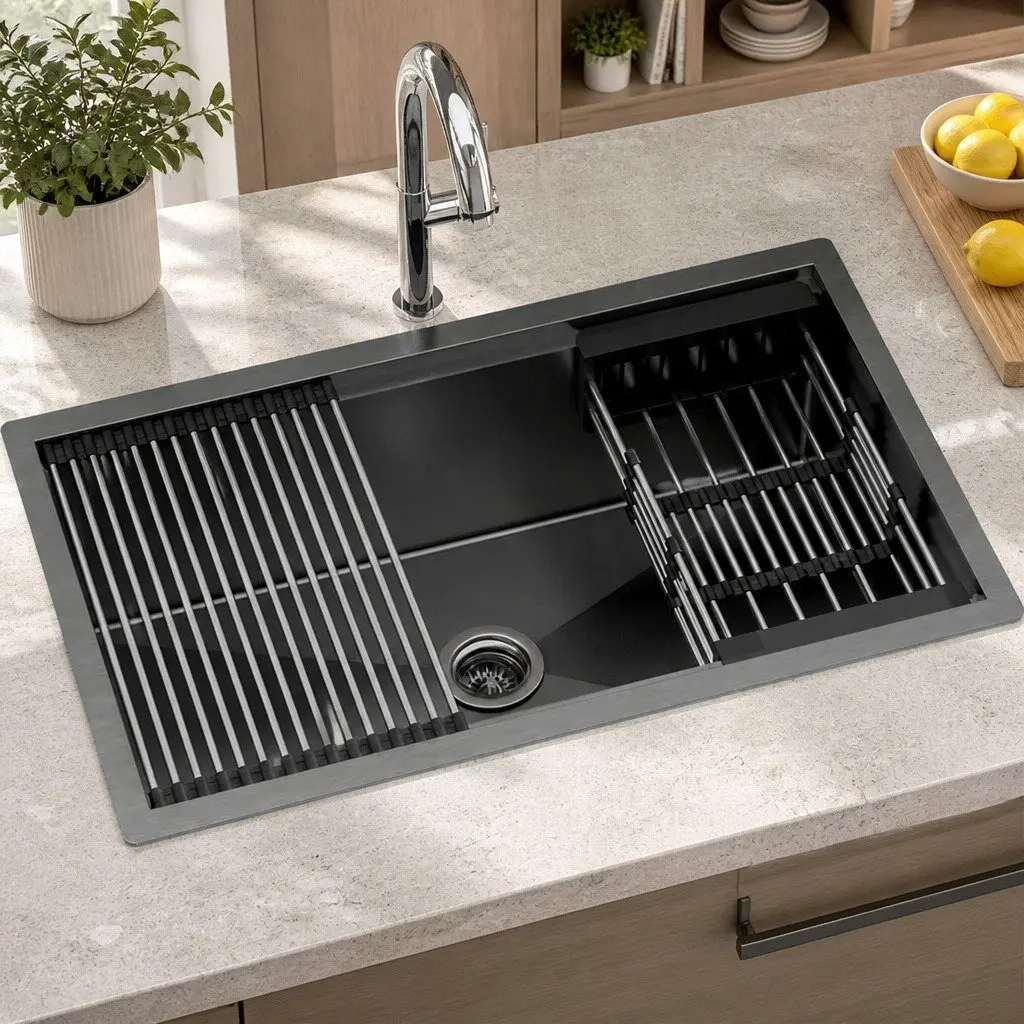 Stainless Steel Kitchen Sink Black 70x45cm Single Bowl Integrated Drain Rack Basket