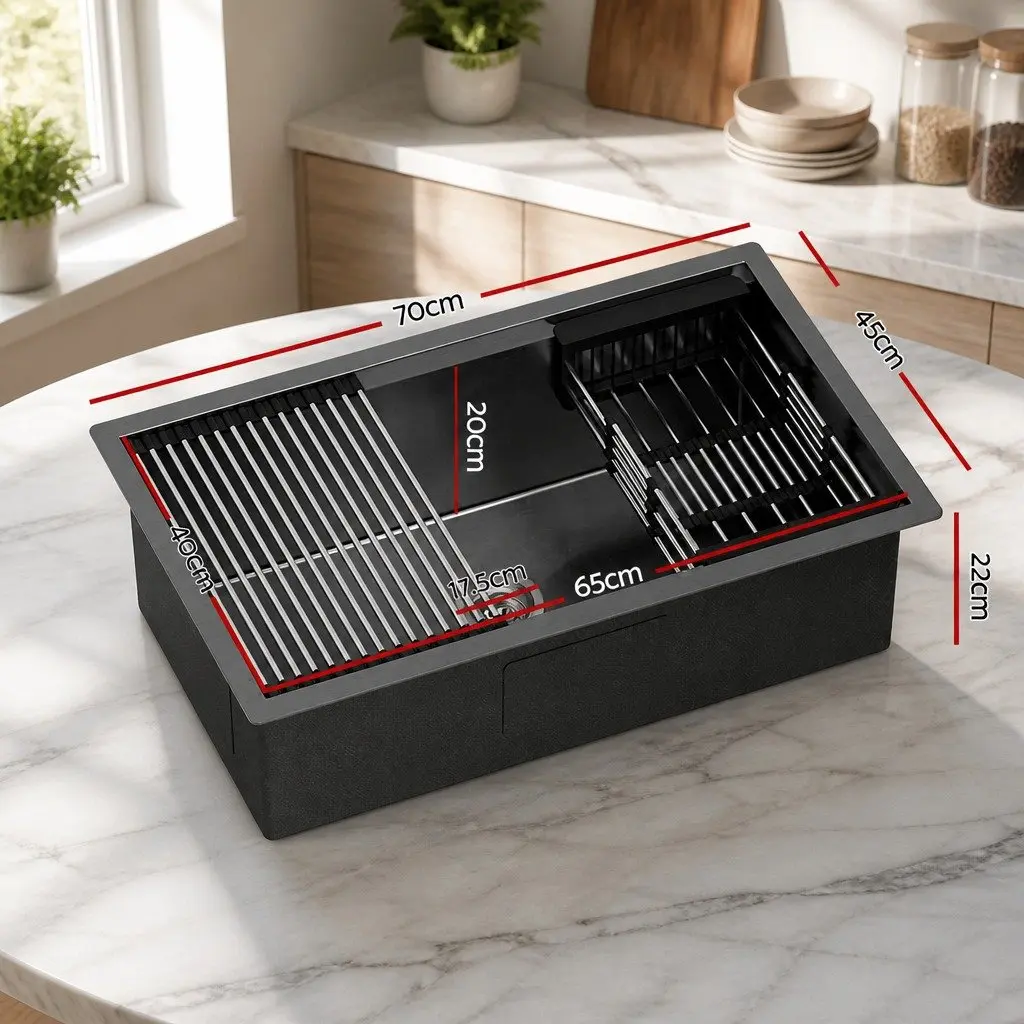 Stainless Steel Kitchen Sink Black 70x45cm Single Bowl Integrated Drain Rack Basket