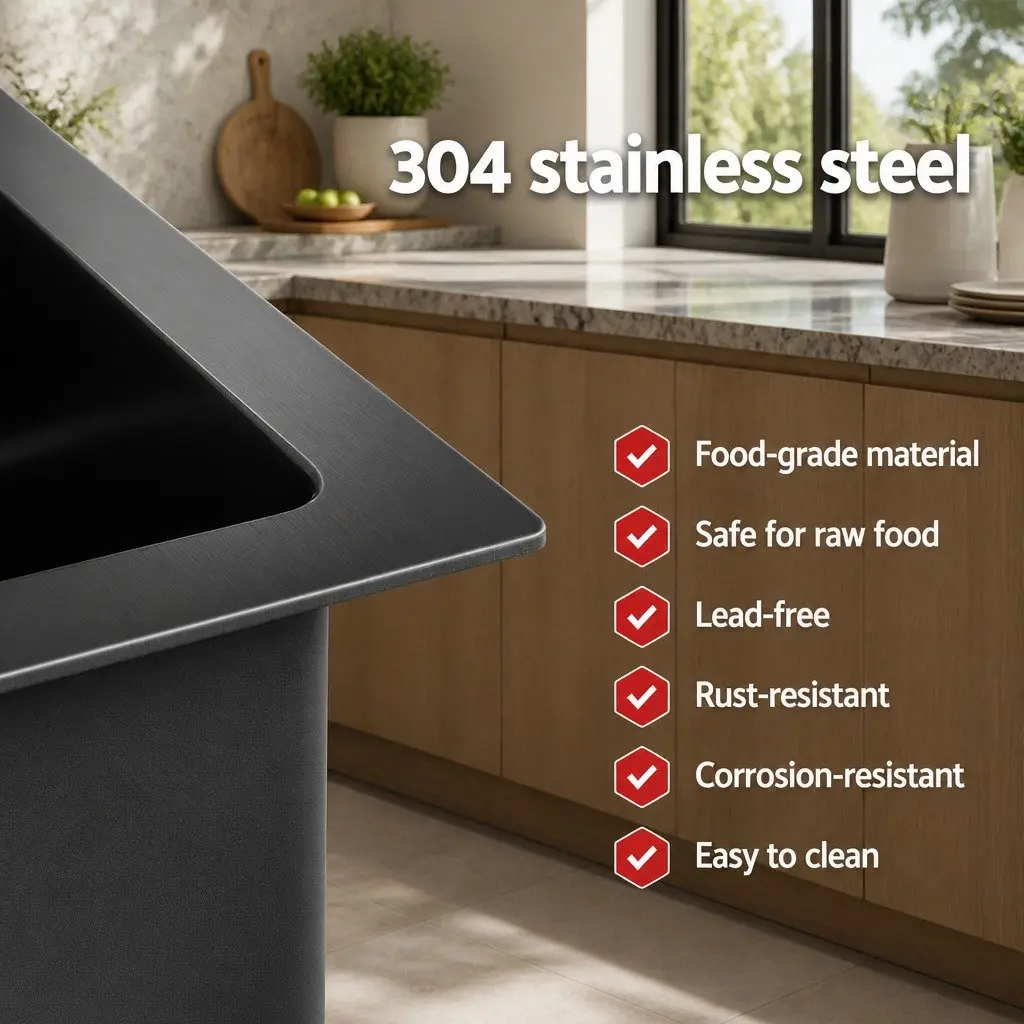 Stainless Steel Kitchen Sink Black 70x45cm Single Bowl Integrated Drain Rack Basket