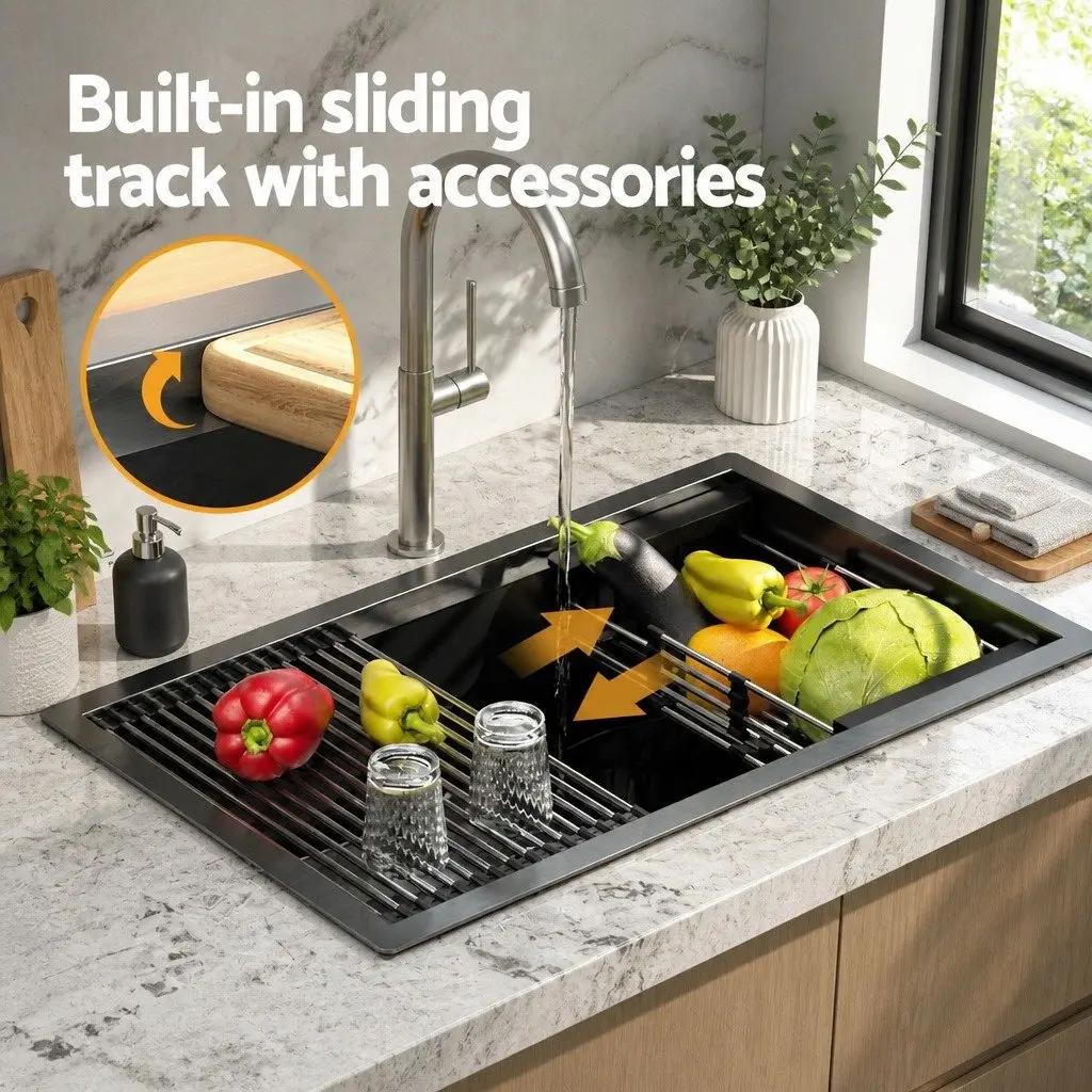 Stainless Steel Kitchen Sink Black 70x45cm Single Bowl Integrated Drain Rack Basket