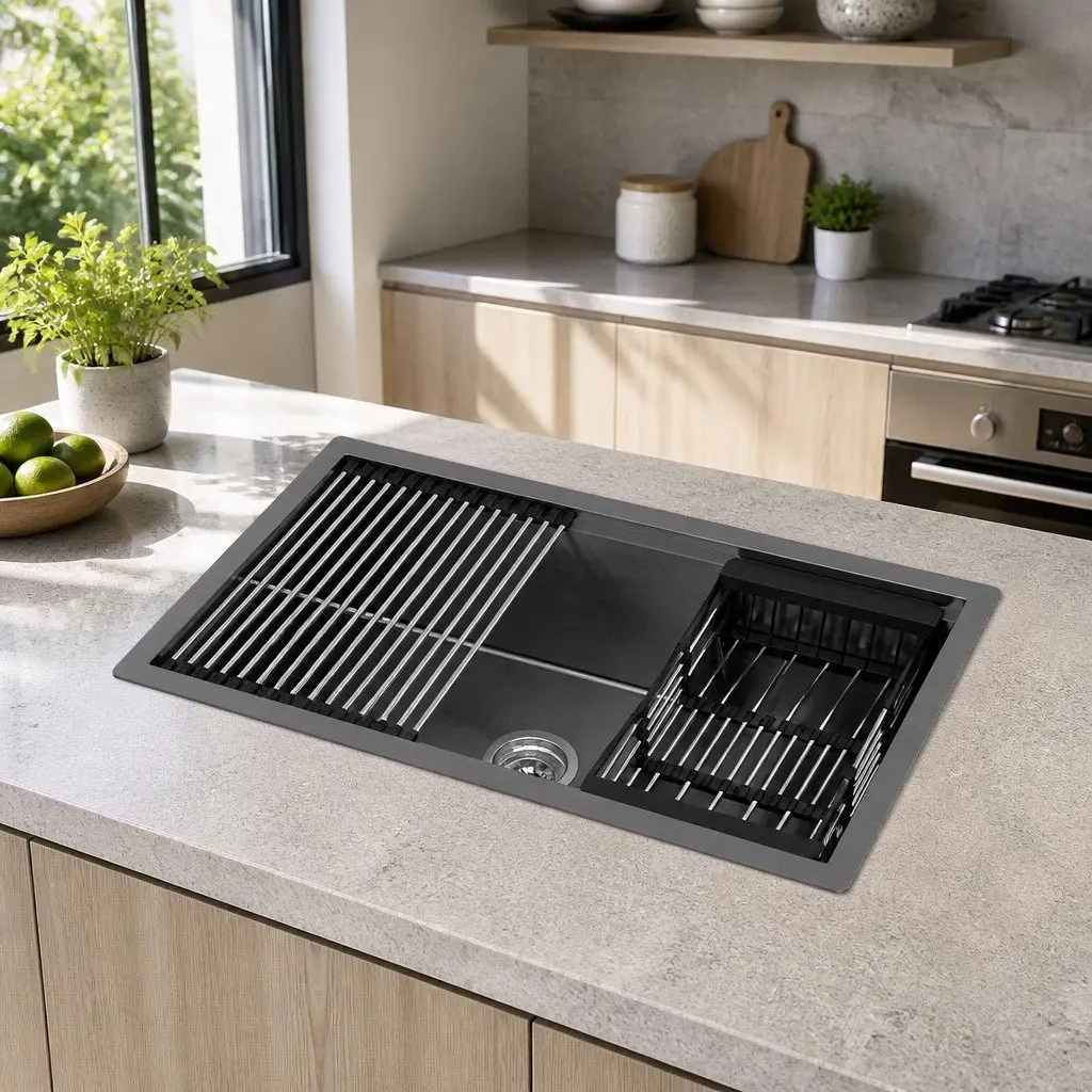 Stainless Steel Kitchen Sink Black 70x45cm Single Bowl Integrated Drain Rack Basket