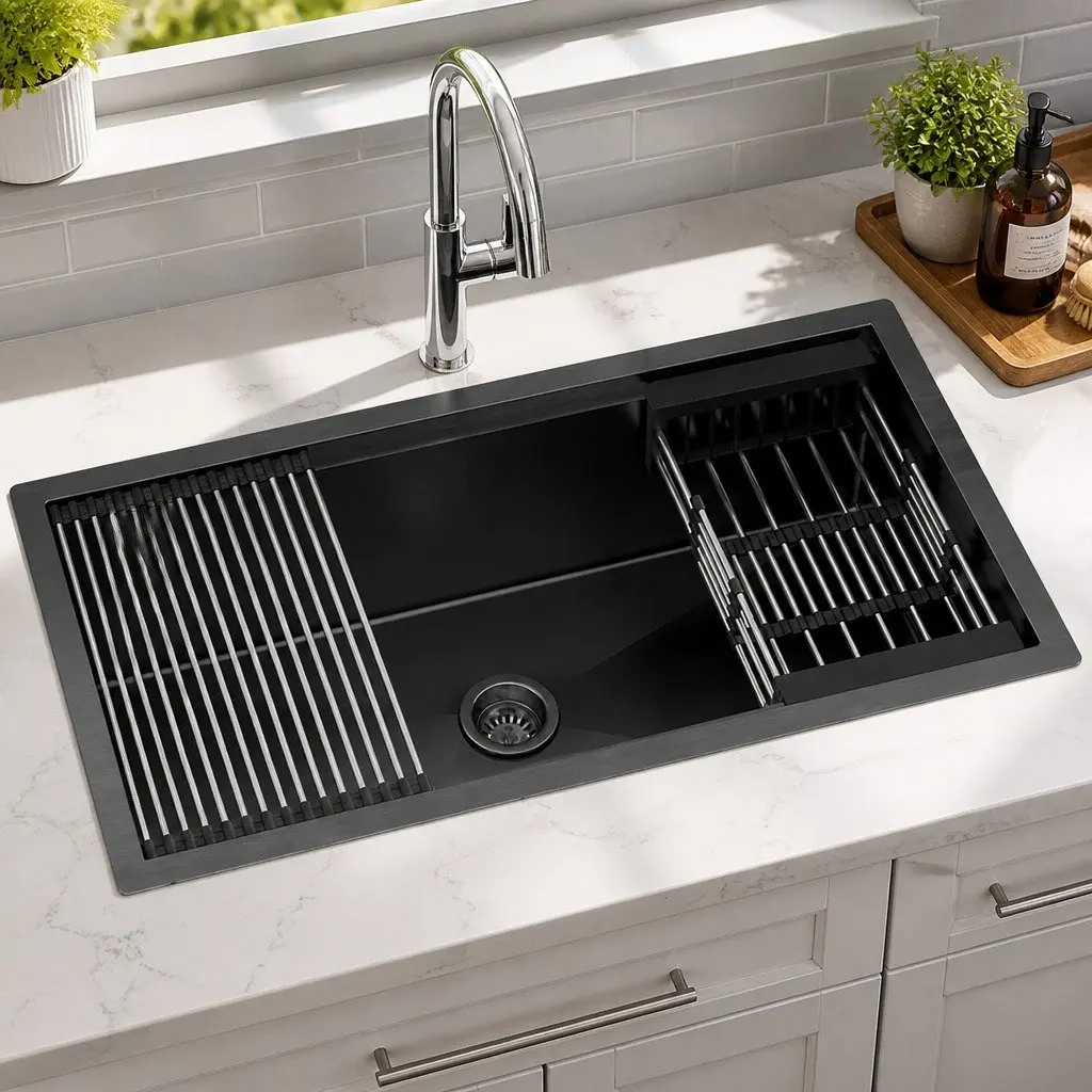 Kitchen Sink 81x45cm Stainless Steel Single Bowl Drain Rack Basket Black