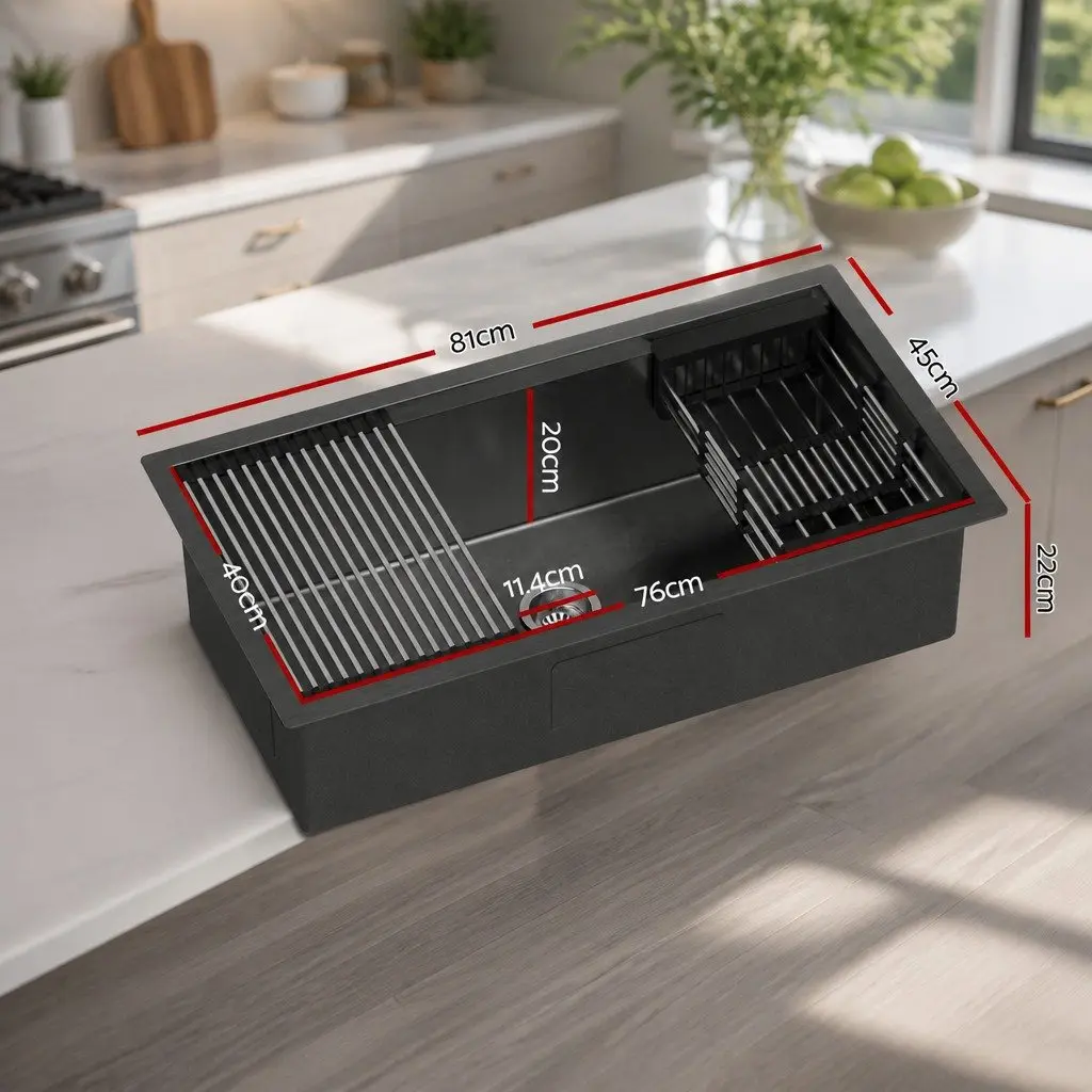 Kitchen Sink 81x45cm Stainless Steel Single Bowl Drain Rack Basket Black