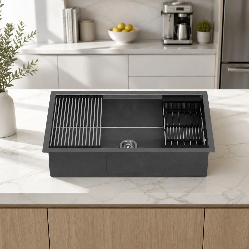 Kitchen Sink 81x45cm Stainless Steel Single Bowl Drain Rack Basket Black