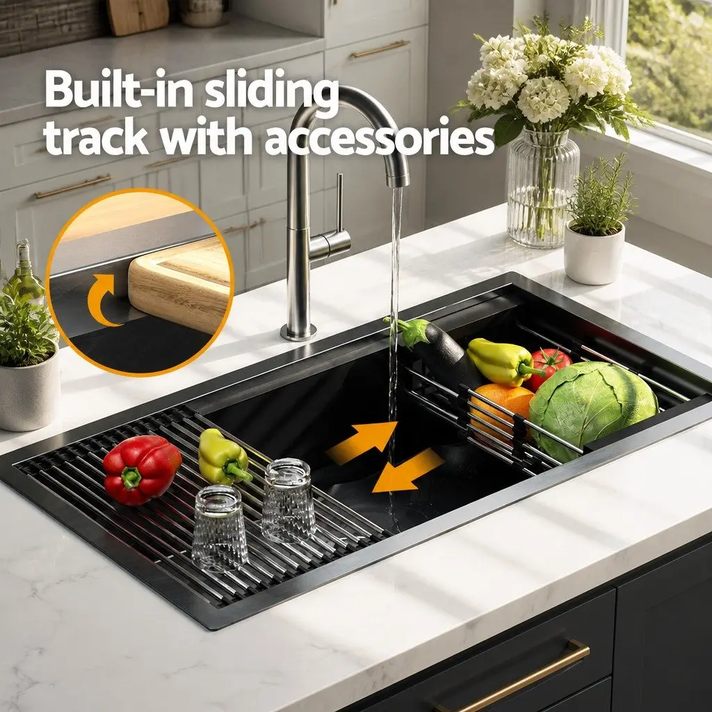 Kitchen Sink 81x45cm Stainless Steel Single Bowl Drain Rack Basket Black