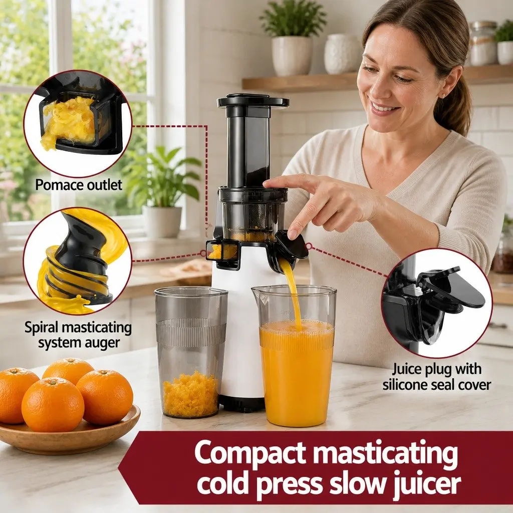 Cold Press Slow Juicer White 130W Low-Speed Masticating Technology for Effective Juice and Pulp Separation