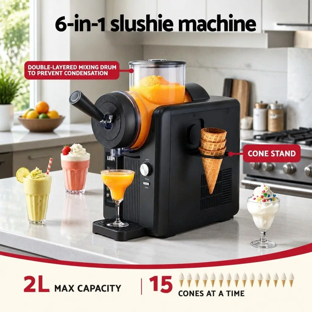 Slushie Machine Ice Cream Maker 2L Frozen Smoothies Milkshakes Black Kitchen