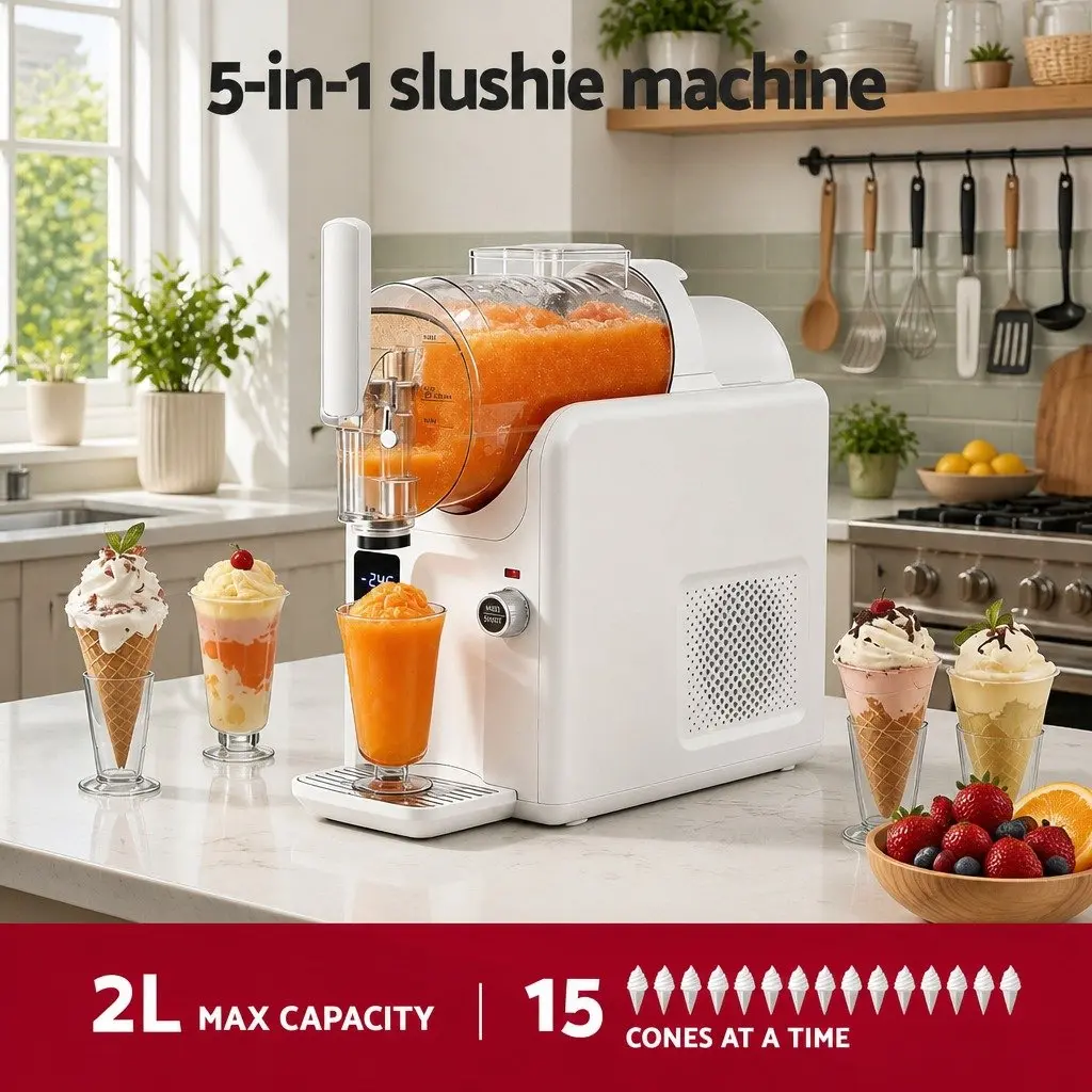 5in1 Slushie Machine White 2L Soft Serve Frozen Drinks Maker