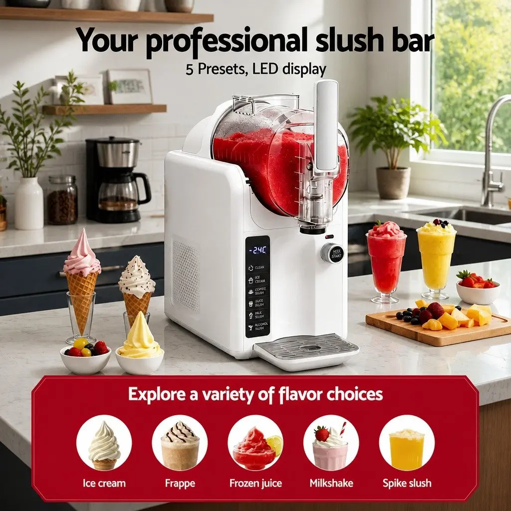 5in1 Slushie Machine White 2L Soft Serve Frozen Drinks Maker
