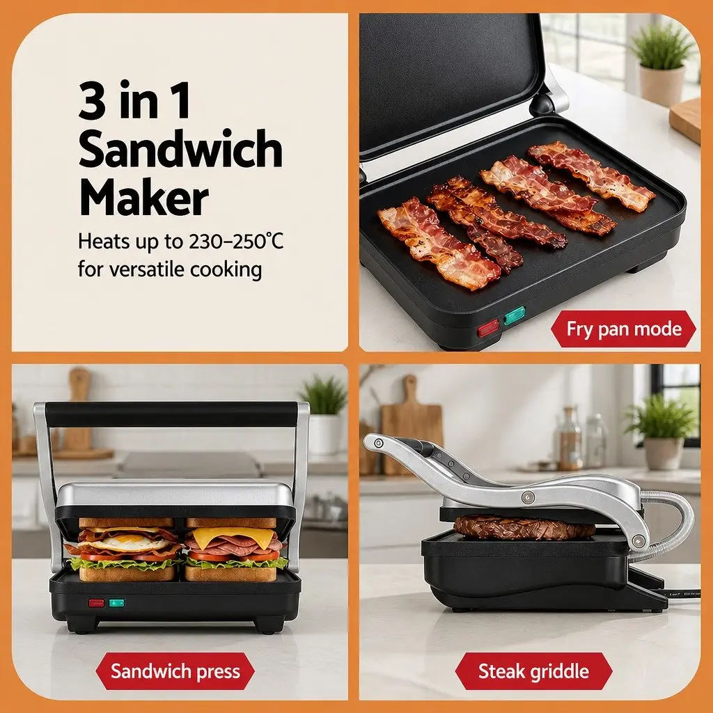 3 in 1 Sandwich Maker Black 1000W Fry Pan Sandwich Press Steak Griddle