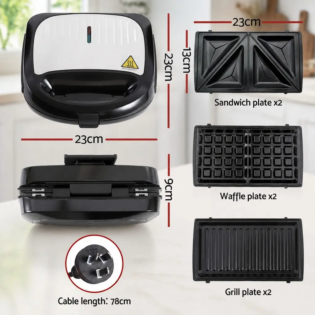 3-in-1 Sandwich Maker Silver Black 850W Multifunctional Breakfast Appliance