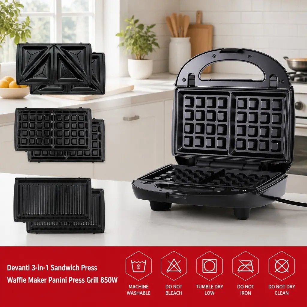 3-in-1 Sandwich Maker Silver Black 850W Multifunctional Breakfast Appliance