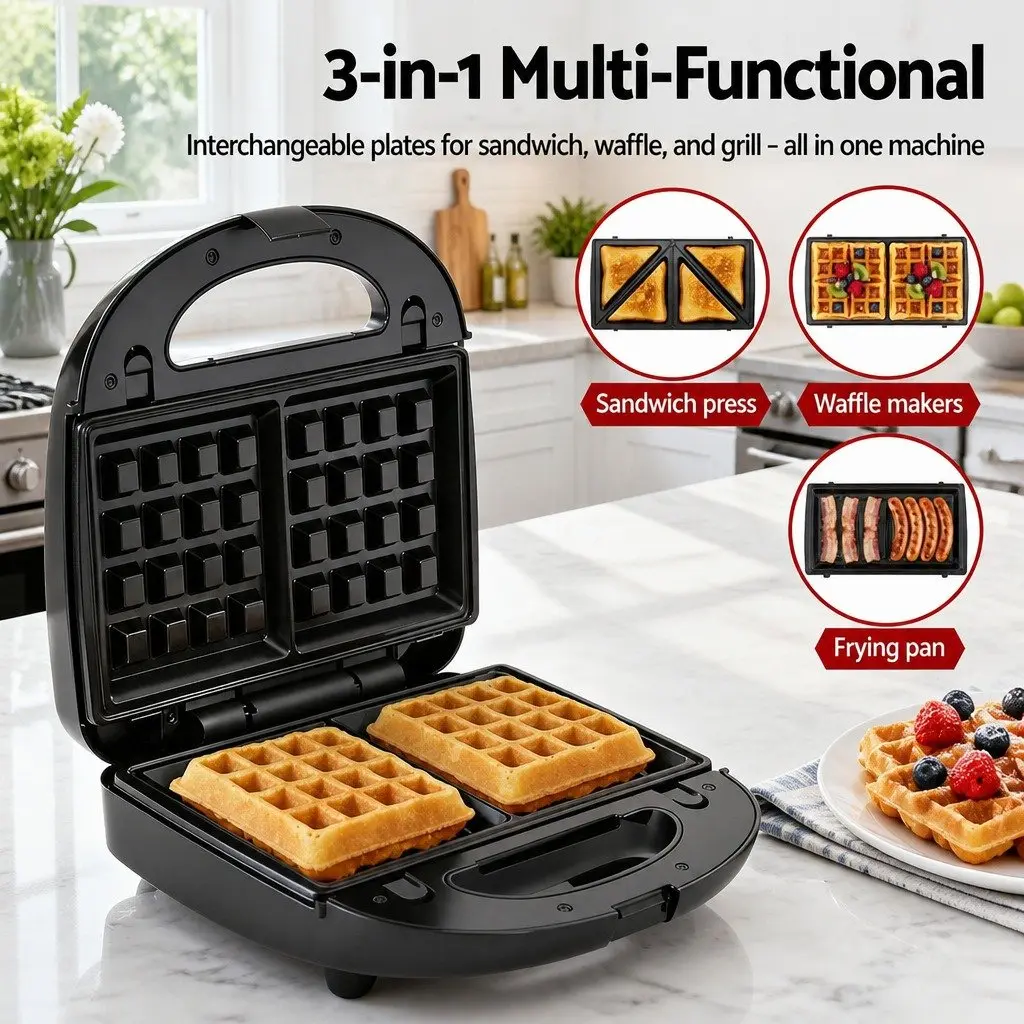 3-in-1 Sandwich Maker Silver Black 850W Multifunctional Breakfast Appliance