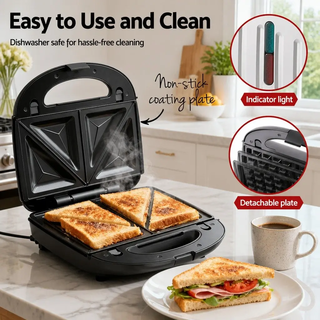 3-in-1 Sandwich Maker Silver Black 850W Multifunctional Breakfast Appliance
