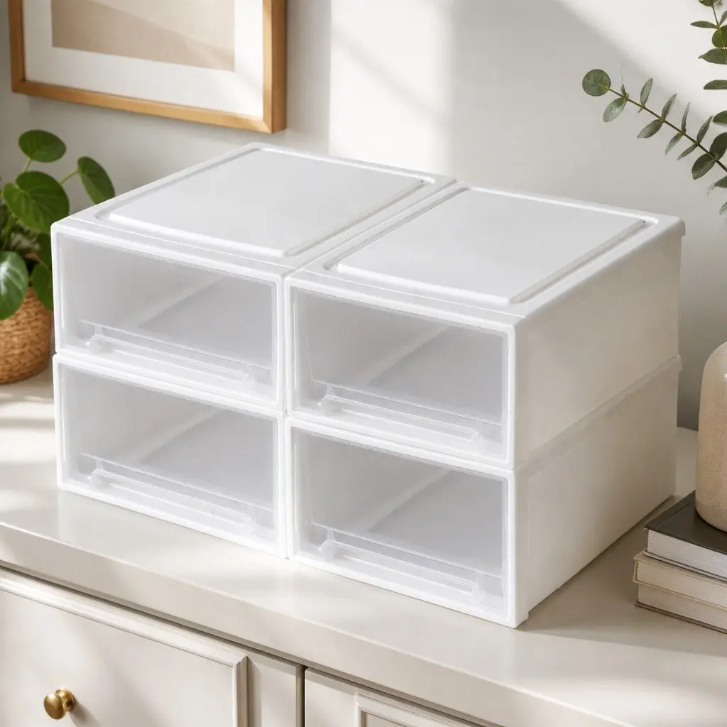 Small Transparent Plastic Storage Drawers 4PK Stackable Organiser Bins