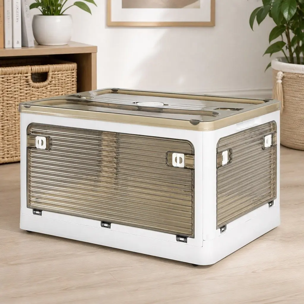 Stackable Storage Box White 55L Foldable Plastic Organiser with Lid