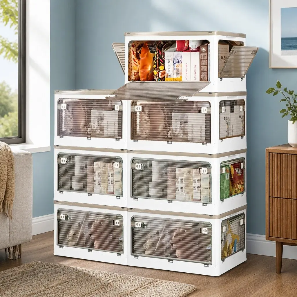 Stackable Storage Box White 55L Foldable Plastic Organiser with Lid