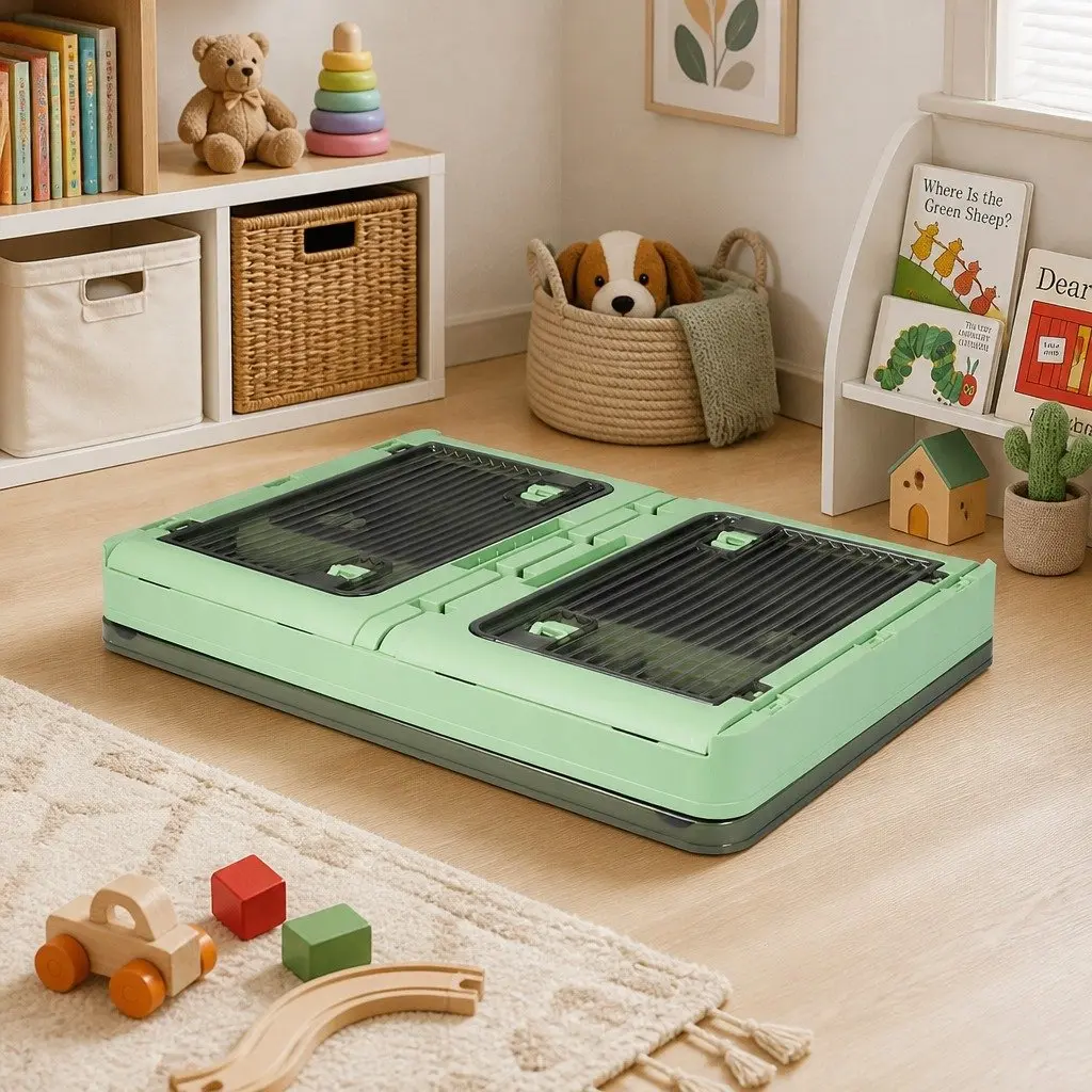 Stackable Storage Box Green Large Capacity Plastic Container with Lid Five-Sided Access