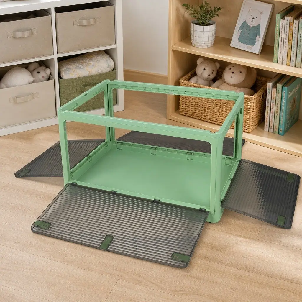 Stackable Storage Box Green Large Capacity Plastic Container with Lid Five-Sided Access