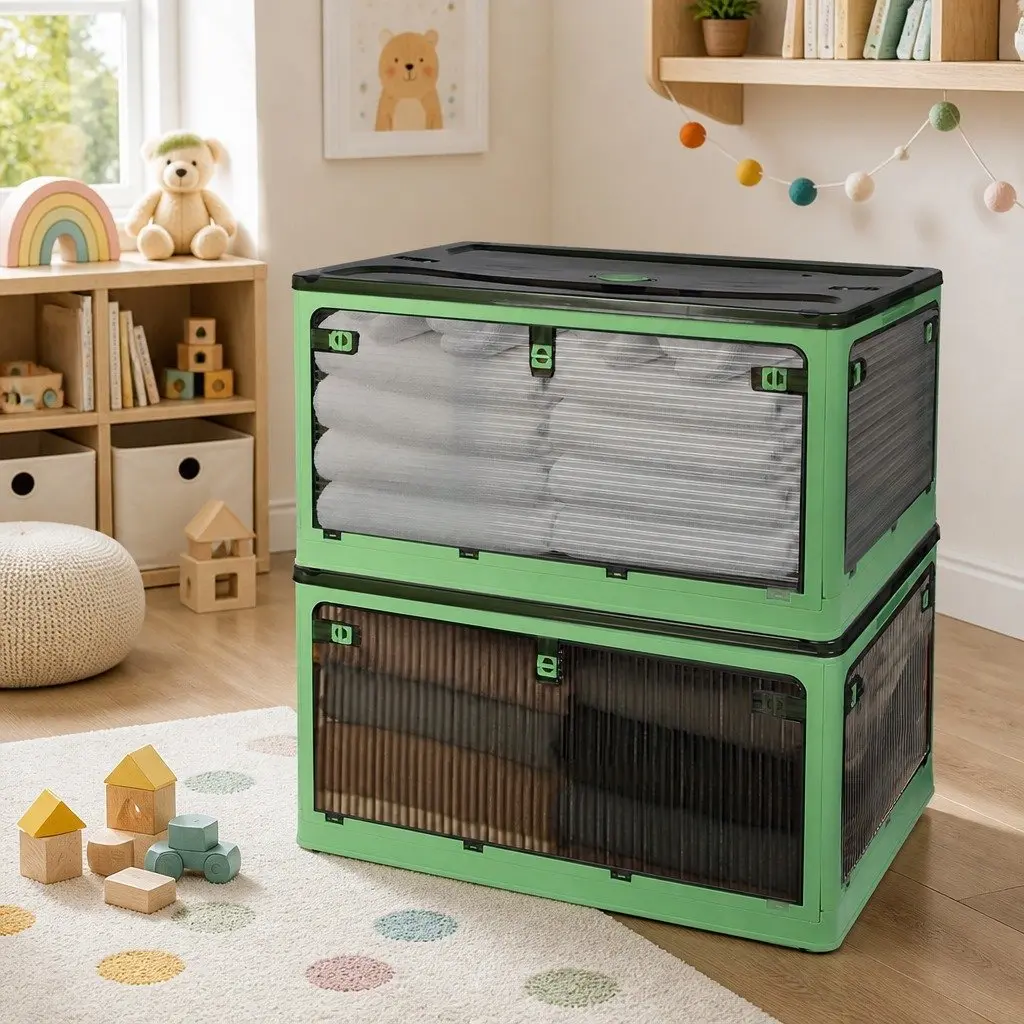 Stackable Storage Box Green Large Capacity Plastic Container with Lid Five-Sided Access