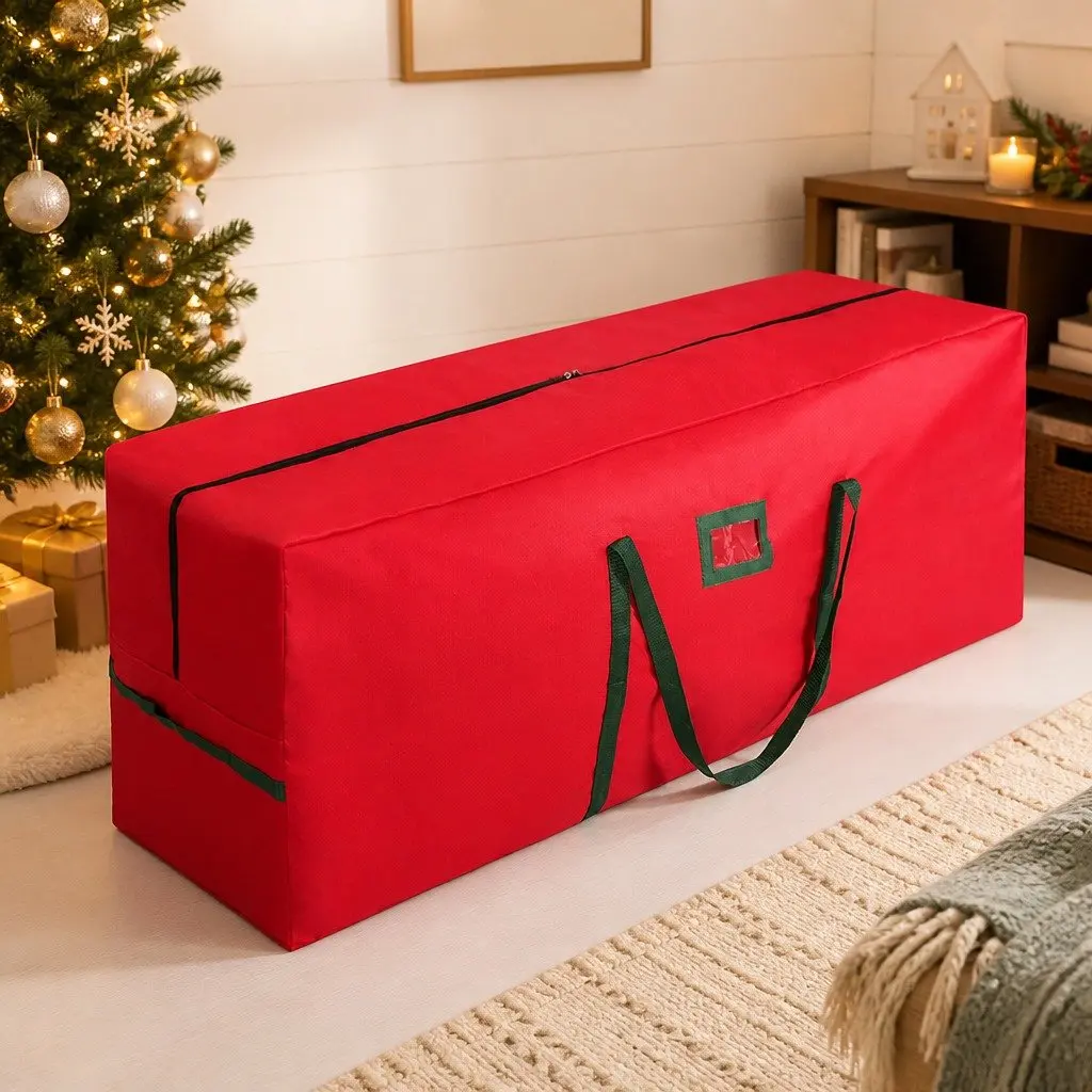 Christmas Tree Storage Bag Red Large 1.5-2.1M Heavy-Duty Oxford Fabric with Double Zipper Reinforced Handles and Card Slot