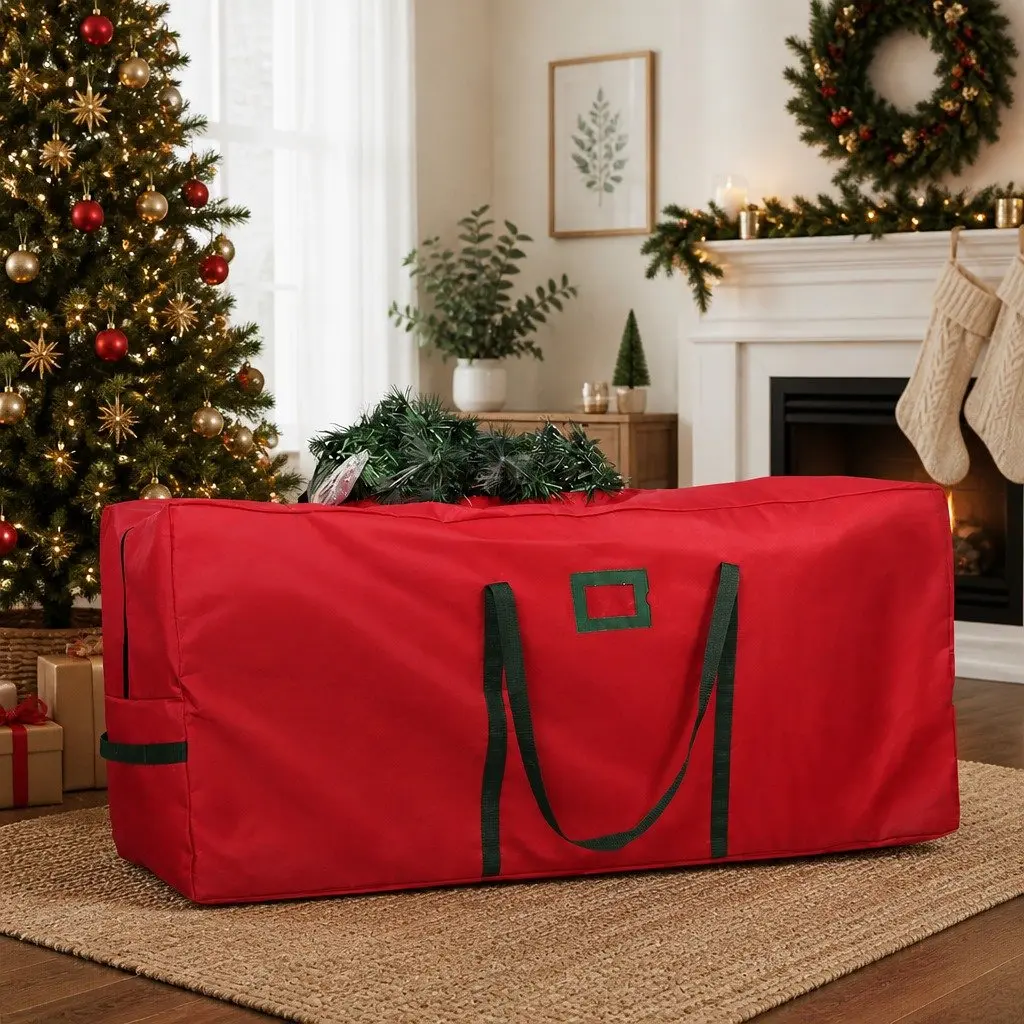 Christmas Tree Storage Bag Red Large 1.5-2.1M Heavy-Duty Oxford Fabric with Double Zipper Reinforced Handles and Card Slot
