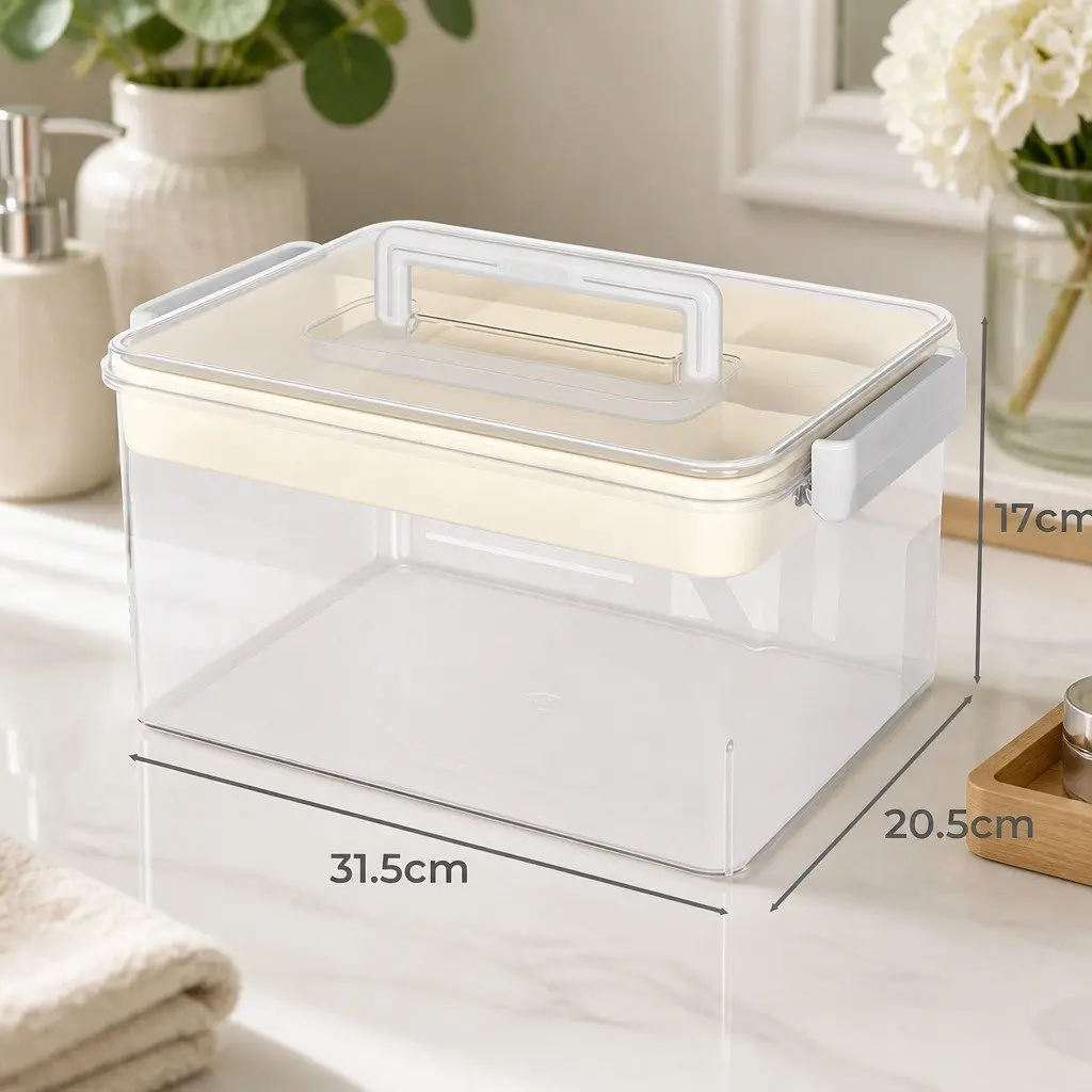 Medical Storage Box Transparent Dual Layer Organizer with Handle for Medications and Health Supplies