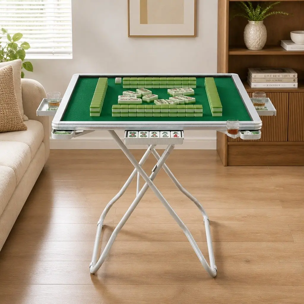 Folding Mahjong Table Green and White 88cm Square with 4 Drawers and Cup Holders