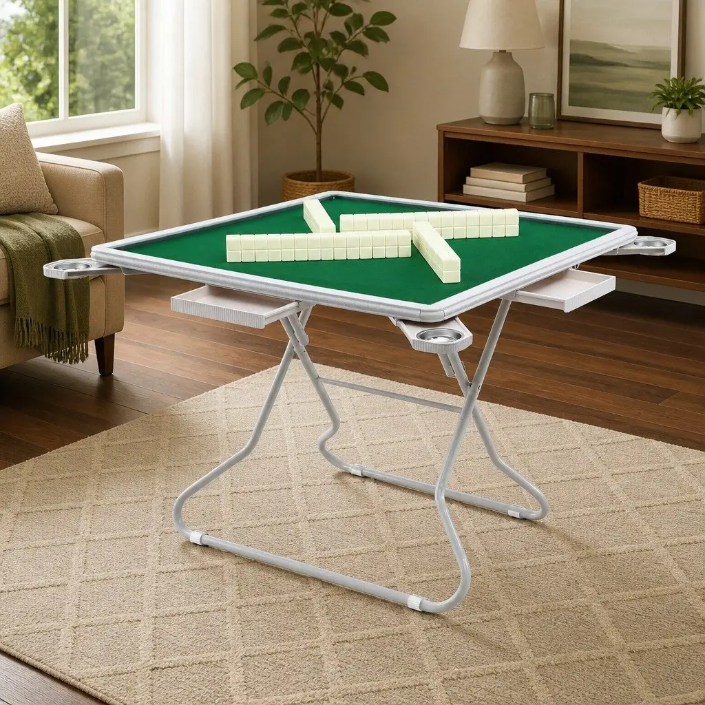 Folding Mahjong Table Green and White 88cm Square with 4 Drawers and Cup Holders
