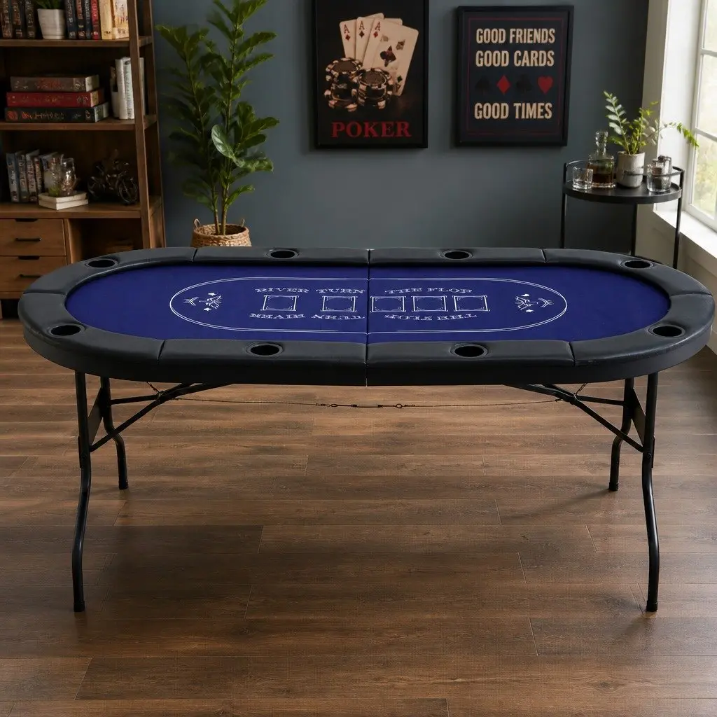 Poker Table Top Folding Blue 183cm Casino Felt 8 Player with Cup Holders