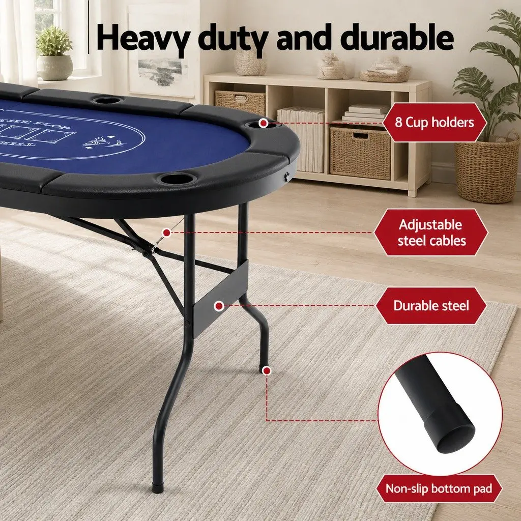 Poker Table Top Folding Blue 183cm Casino Felt 8 Player with Cup Holders