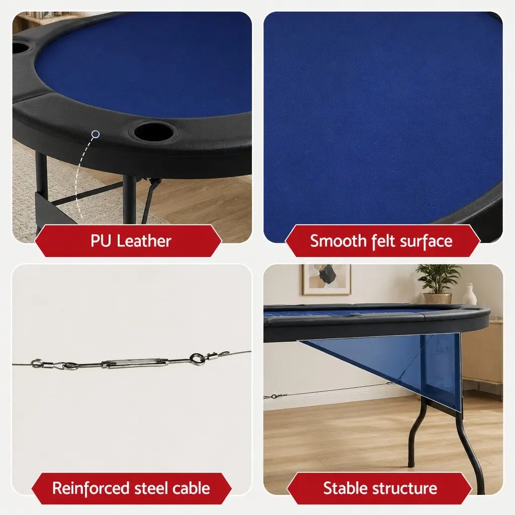 Poker Table Top Folding Blue 183cm Casino Felt 8 Player with Cup Holders