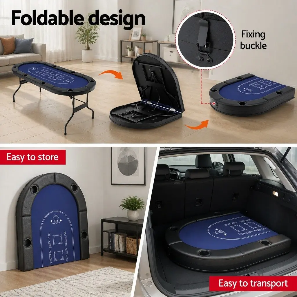 Poker Table Top Folding Blue 183cm Casino Felt 8 Player with Cup Holders