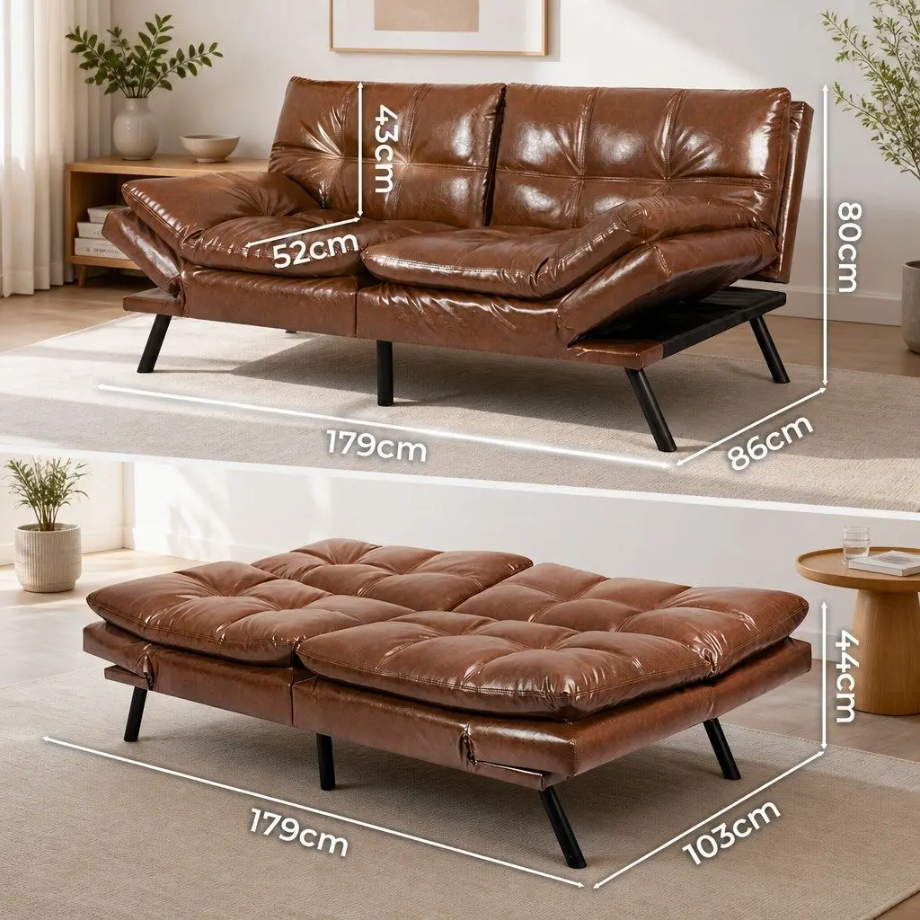 Sofa Bed Brown 3-Seater Convertible Futon Lounge Sleeper with Adjustable Backrest and Armrest