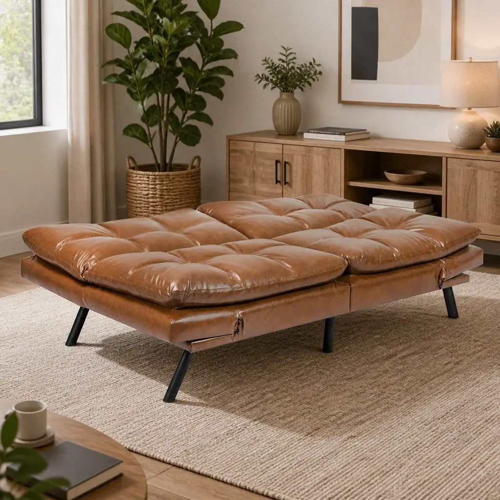 Sofa Bed Brown 3-Seater Convertible Futon Lounge Sleeper with Adjustable Backrest and Armrest