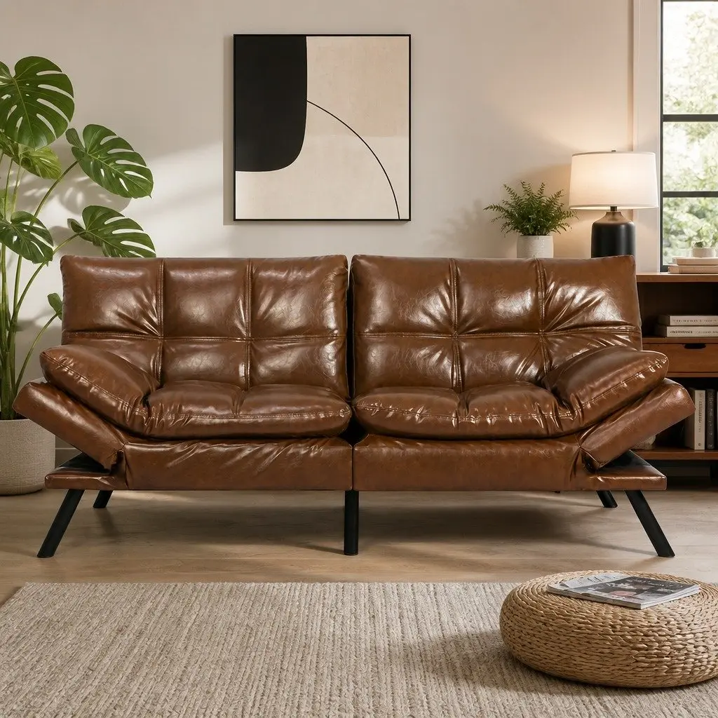 Sofa Bed Brown 3-Seater Convertible Futon Lounge Sleeper with Adjustable Backrest and Armrest