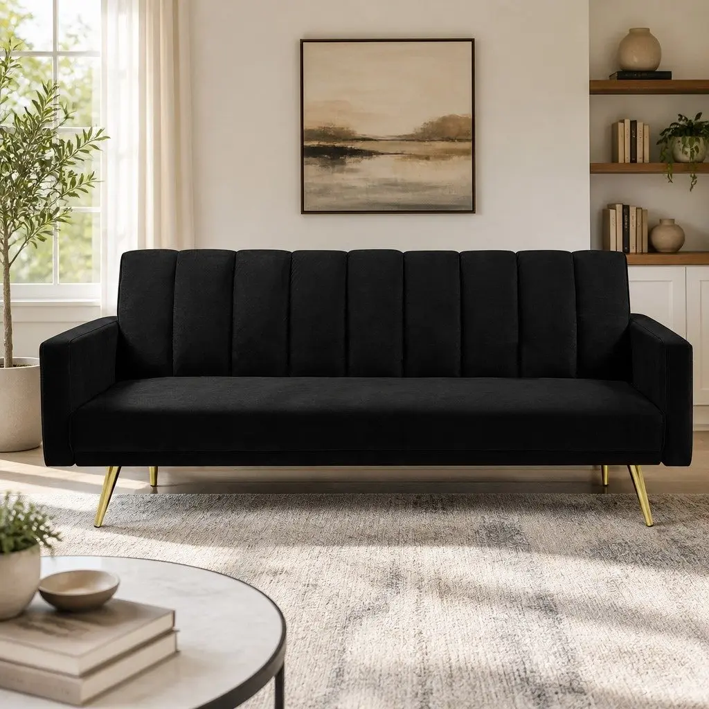 3 Seater Sofa Bed Black Velvet Convertible Adjustable Backrest