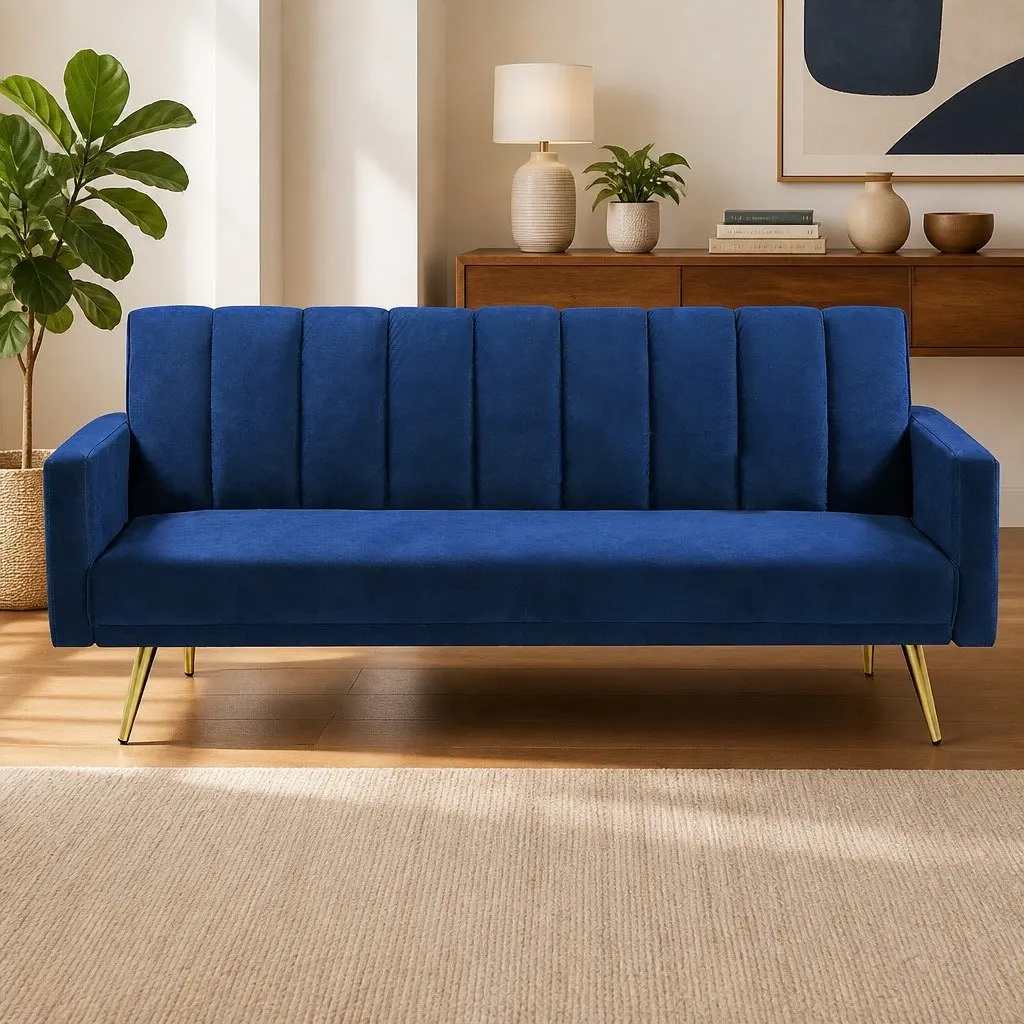 Convertible Sofa Bed Blue 3 Seater Velvet Lounge Recliner Fold Out Sleeper Couch