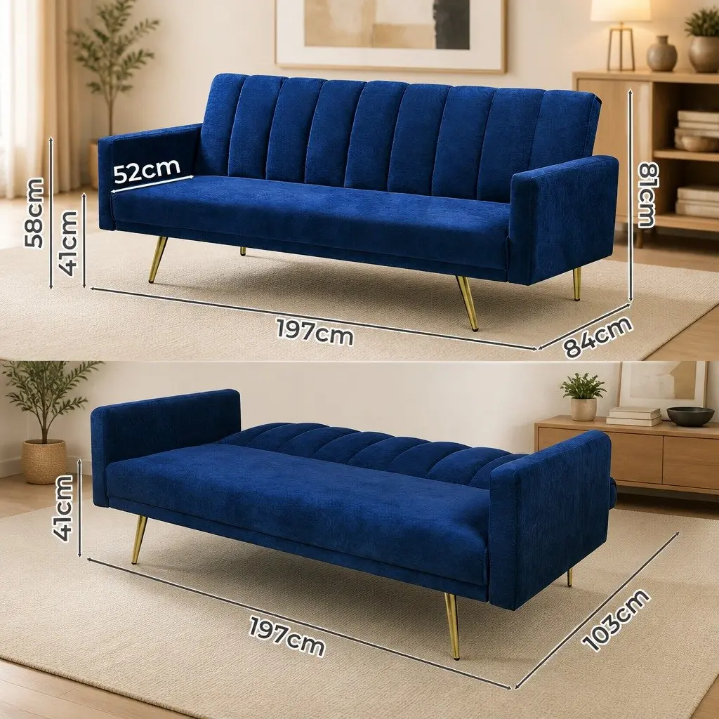 Convertible Sofa Bed Blue 3 Seater Velvet Lounge Recliner Fold Out Sleeper Couch