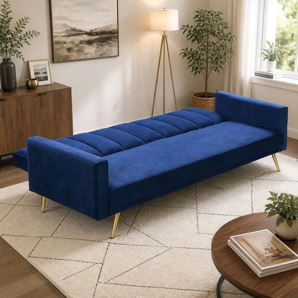 Convertible Sofa Bed Blue 3 Seater Velvet Lounge Recliner Fold Out Sleeper Couch