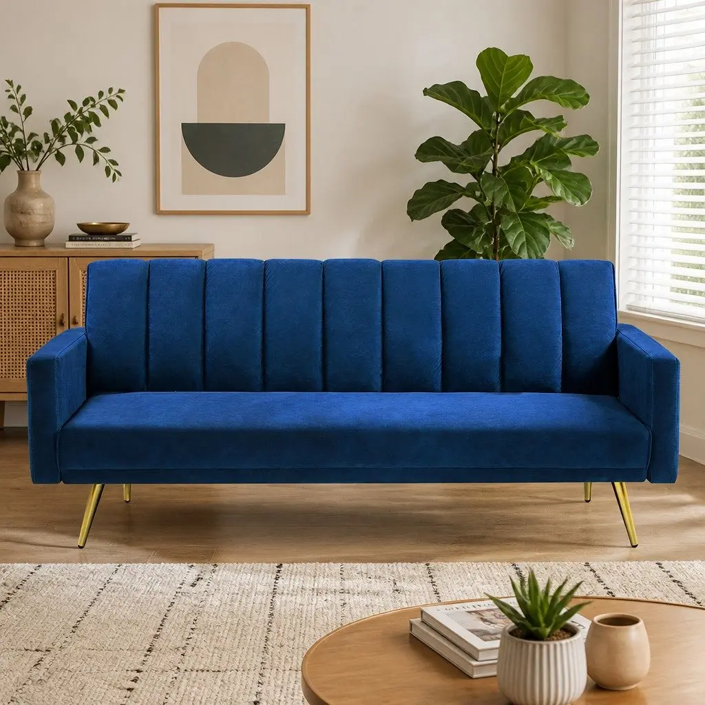 Convertible Sofa Bed Blue 3 Seater Velvet Lounge Recliner Fold Out Sleeper Couch