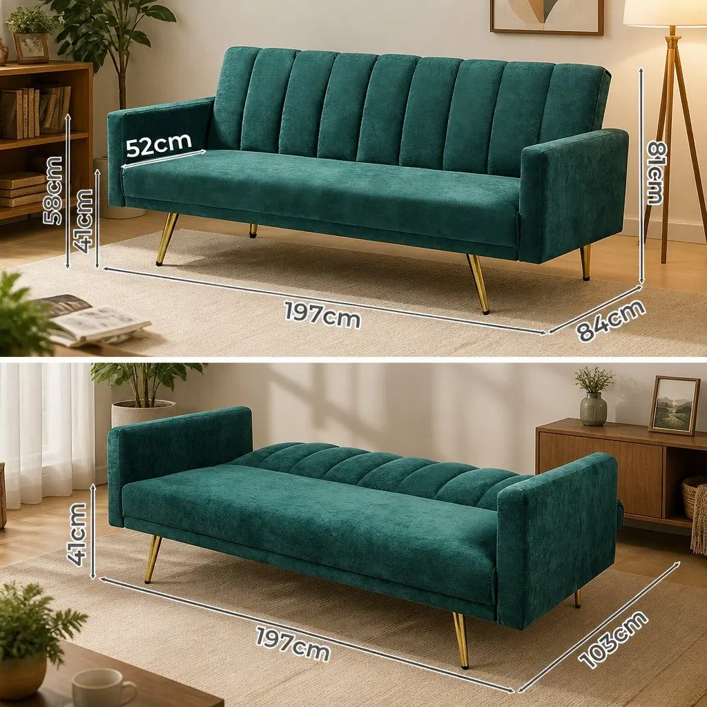 3 Seater Sofa Bed Green Convertible Adjustable Backrest Velvet Polyester