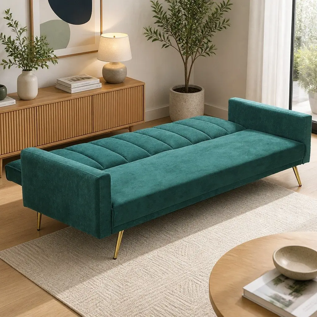 3 Seater Sofa Bed Green Convertible Adjustable Backrest Velvet Polyester