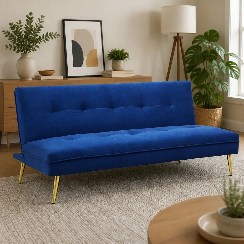 3 Seater Sofa Bed Deep Blue Velvet Adjustable Backrest