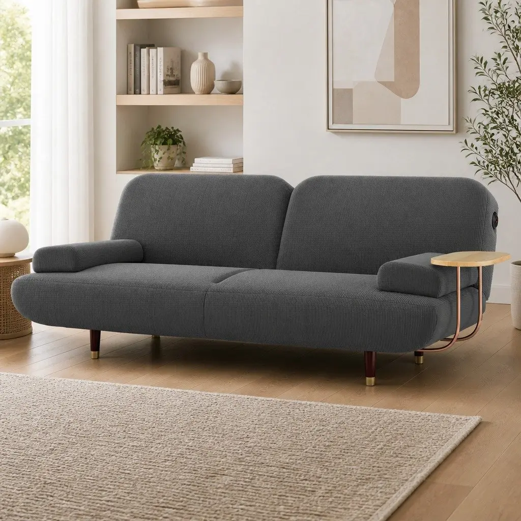 Convertible Sofa Bed Grey 3-Seater Adjustable Backrest USB Charging Side Table